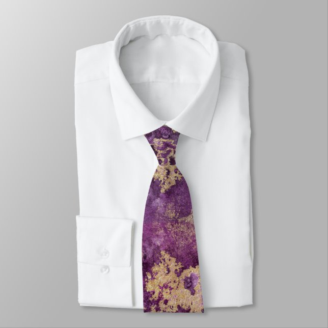Elegante Gravata de Homem de Seda Roxa e Dourada p (Amarrado)