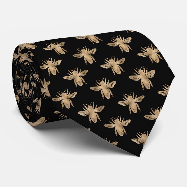 Elegante Gravata Preta com Abelha Dourada para Hom (Rolled)