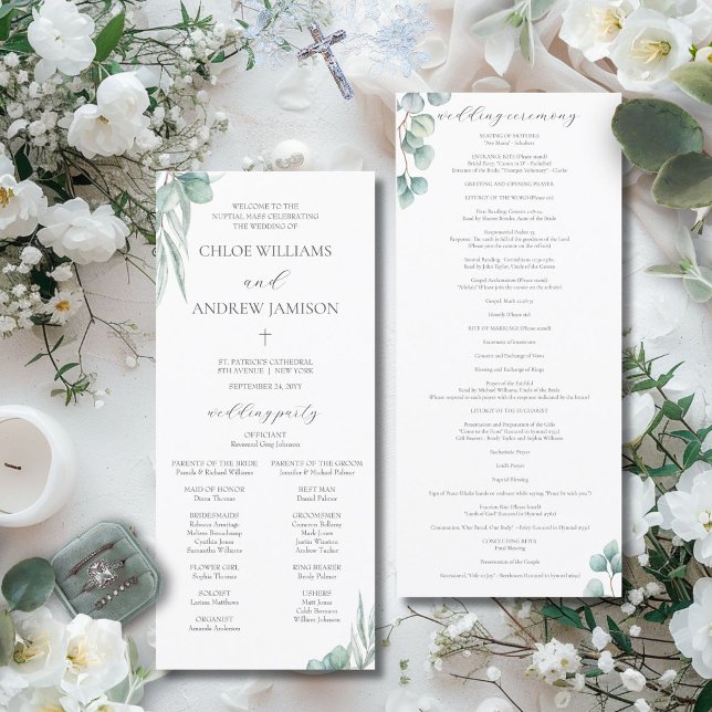 Elegante Greenerescência Católica em Massa (The elegant Chloe Catholic wedding program features watercolor greenery and white flowers)