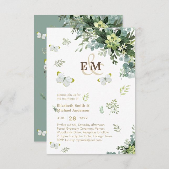 Elegante Greenery Butterflies Monograma Wedding In (Frente/Verso)
