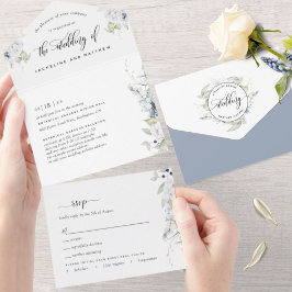 Elegante Greenery, Casamento Floral Azul Branca