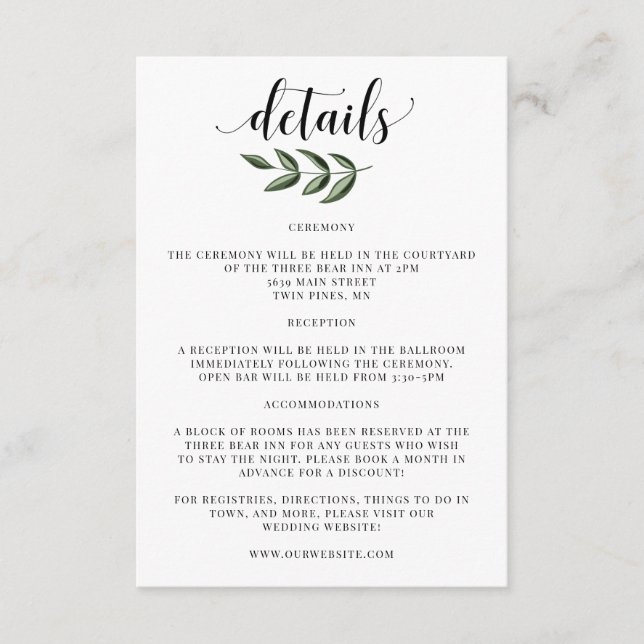 Elegante Greenery Detalhes do Casamento Convite In (Frente)
