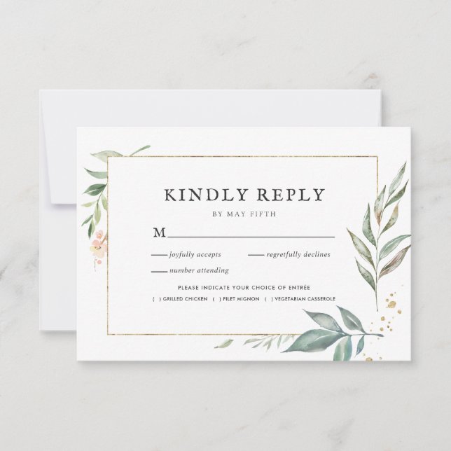 Elegante Greenery Dourado Frame Wedding RSVP com R (Frente)