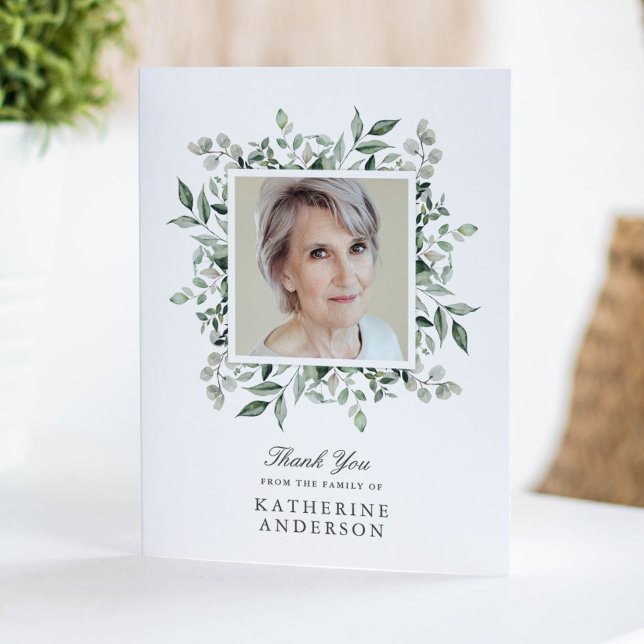 Elegante Greenery Memorial Photo Cartões de agrade (Criador carregado)