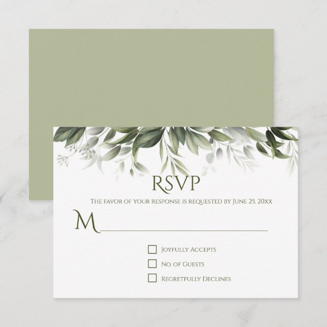 Elegante Greenery RSVP - Verde-Azeite Claro (Frente/Verso)