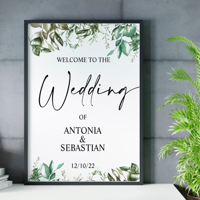 Elegante Greenery Wedding Poster de Boas-vindas (Criador carregado)