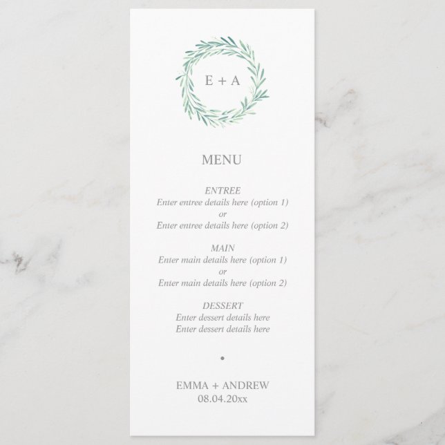 Elegante Greenery Wreath Monograma Menu Casamento (Frente)