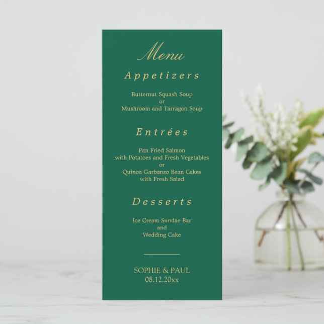 Elegante Hunter Green Ouro Beige Wedding Menu (Em pé/Frente)