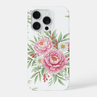Elegante iPhone 15 Pro Floral de Peônia Rosa em Aq