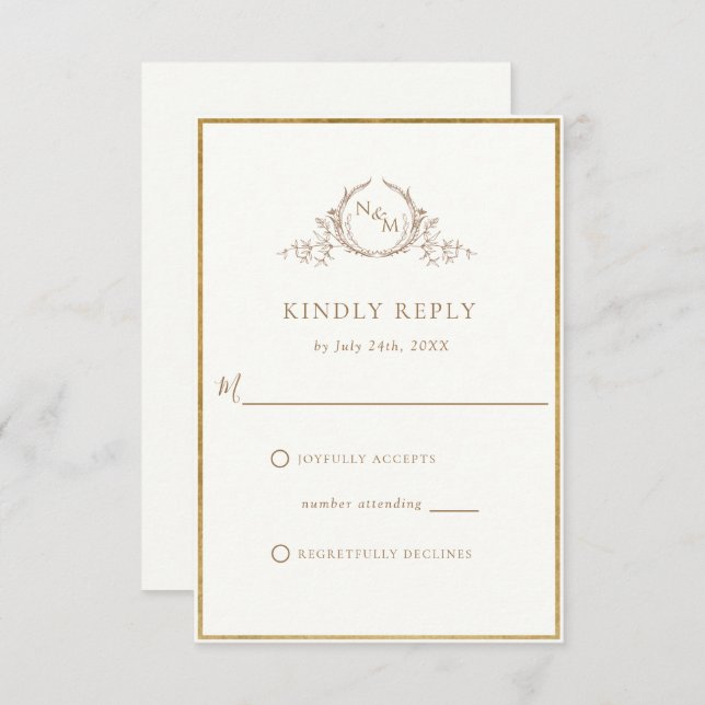 Elegante Ivory e RSVP de Casamento Monograma Doura (Frente/Verso)