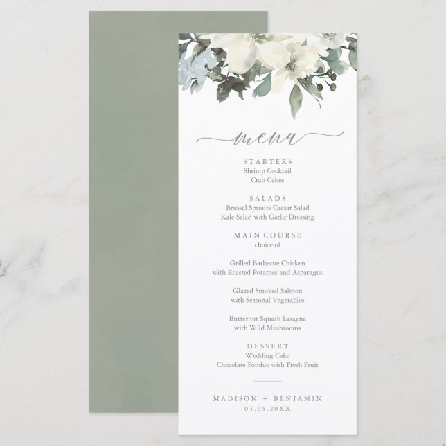 Elegante Ivory Sage Floral Greenery Menu (Frente/Verso)