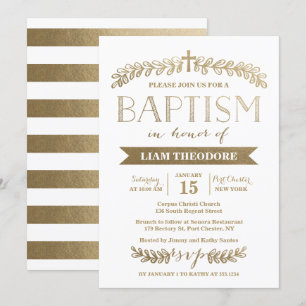 Elegante Laurels Dourados   Convite Baptism