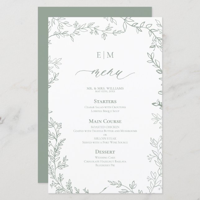 Elegante Leaf Sage Green Monograma Menu Casamento (Frente/Verso)