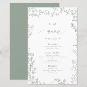 Elegante Leaf Sage Green Monograma Menu Casamento