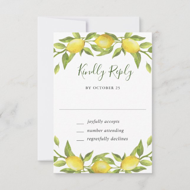 Elegante Lemons Watercolor Casamento Greenery RSVP (Frente)