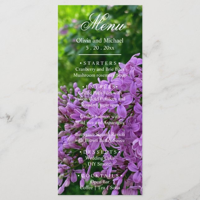 Elegante Lilac lavanda floral roxa Menu Casamento (Frente)