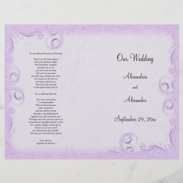 Elegante Lilac Scrollwork Weding Program (Frente)