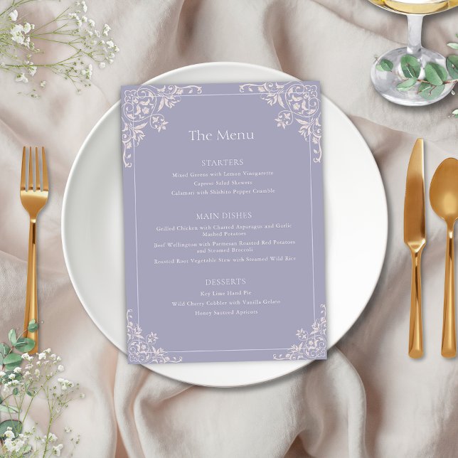 Elegante Lilac Vintage Frame Weding Menu (Elegant french lilac wedding menu with vintage lavendar purple and blush pink coastal chic border)