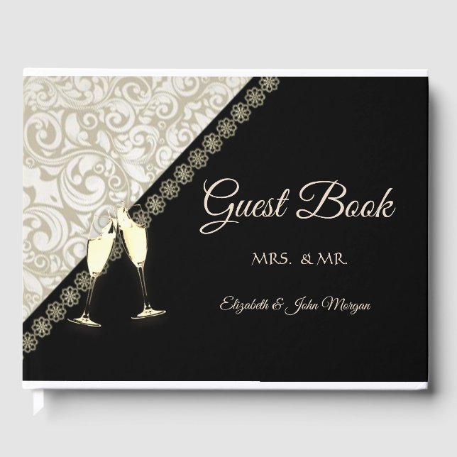 Elegante Livro de Visitas Preto, Damask (Frente)