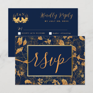 Elegante Magnífico Folhas Douradas Azul Naval RSVP
