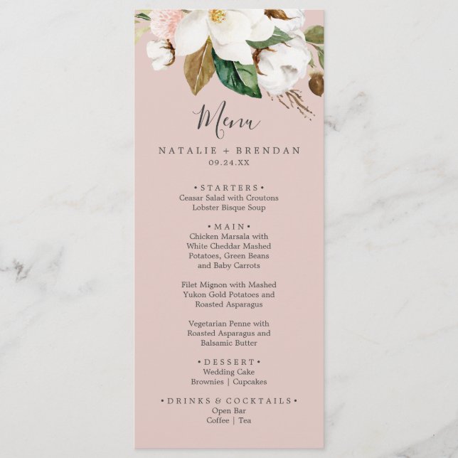 Elegante Magnolia | Menu Janto Casamento Cor-de-Ro (Frente)