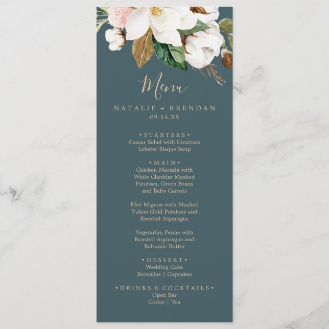 Elegante Magnolia Teal & White Janta Menu (Frente)