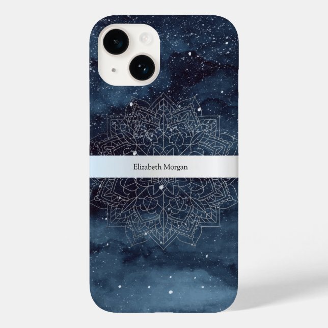 Elegante Mandala Prateado Moderno com Faixa Azul-M (Verso)