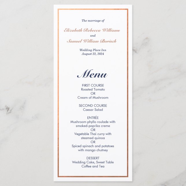 Elegante Marinho Clássico Faux Copper Wedding Menu (Frente)