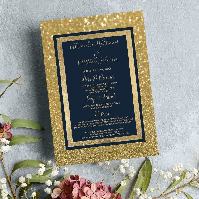 Elegante Marinho Glitter Azul Dourado Menu Casamen (Elegant Chic Navy Blue Gold Glitter Wedding Menu)