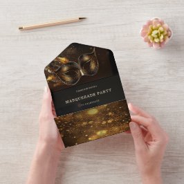 Elegante Máscara Preta e Dourada com RSVP