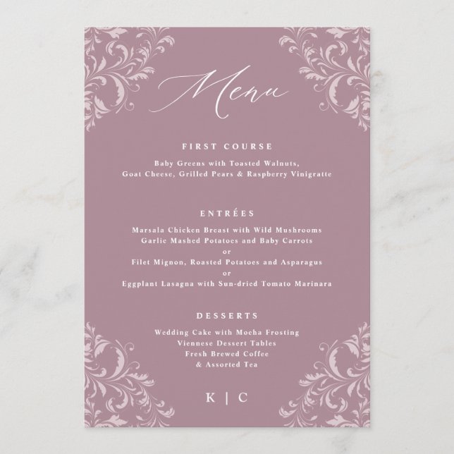 Elegante Mauve Dusty Rosa Menus (Frente)
