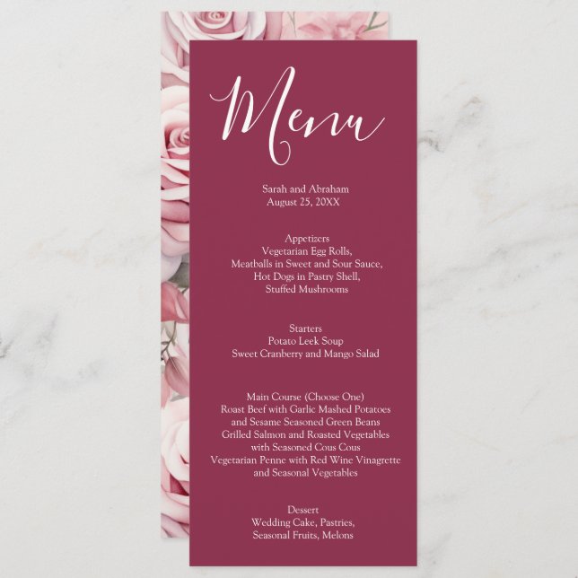 Elegante Mauve Pink e White Roses Menu Casamento (Frente/Verso)