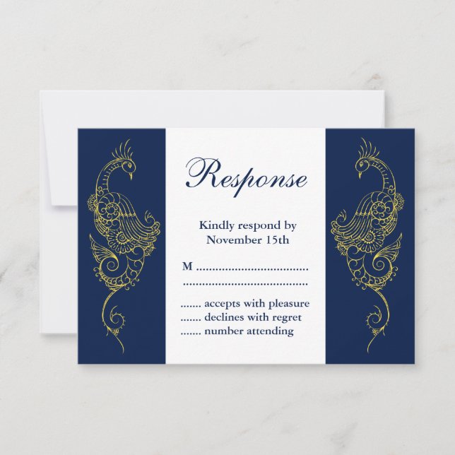 Elegante Mehndi Peacock Wedding RSVP - Marinho e B (Frente)