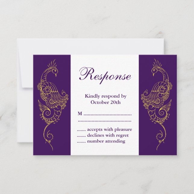 Elegante Mehndi Peacock Wedding RSVP Purple White (Frente)