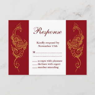 Elegante Mehndi Peacock Wedding RSVP - Vermelho e 