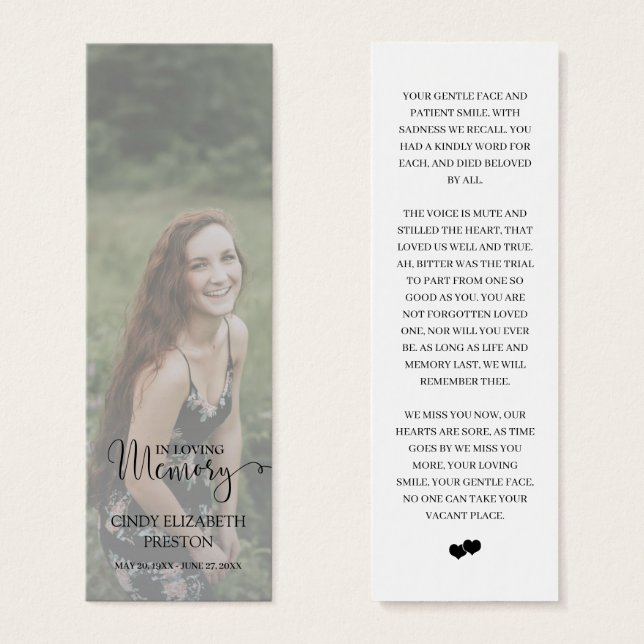 Elegante Memorial Foto Funeral Poem Bookmark (Frente & Verso)