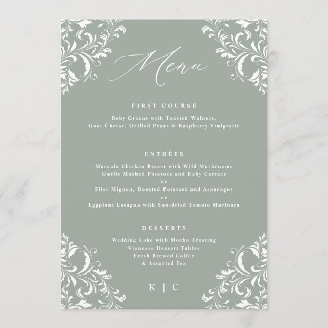 Elegante Menu Casamento vintage Verde Sage (Frente)