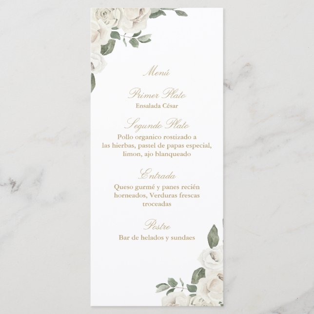 Elegante menu de buquê de rosa branca de casamento (Frente)