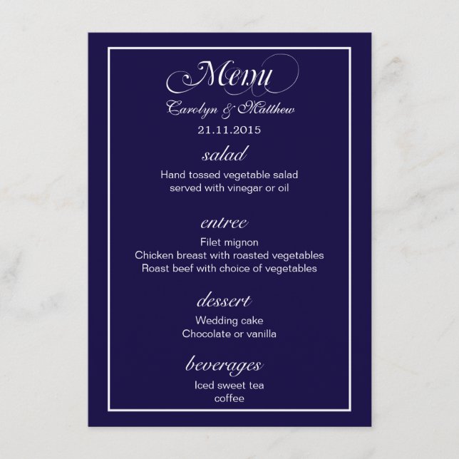 Elegante Menu de Casamento Azul Marinho Simples (Frente)