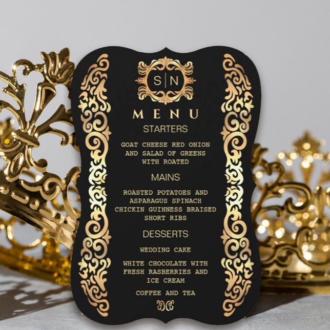 Elegante Menu de Casamento com Moldura Dourada (#zazzlemade #royal #blackandgold #goldframe #luxury #vintagegoldframe #illustratorgoldframe #origena)