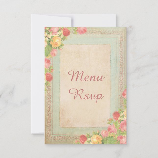 Elegante Menu de Casamento com Rosas Vintage RSVP (Frente)