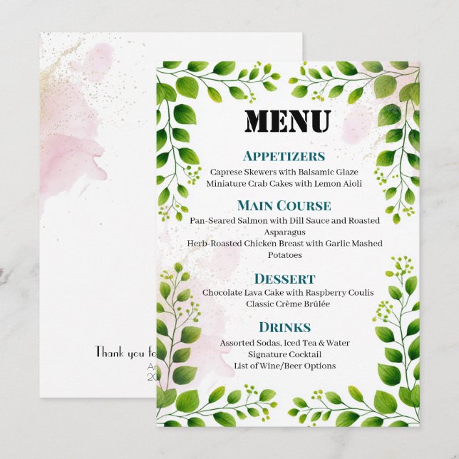 Elegante Menu de Casamento de Quadro Verde (Frente/Verso)