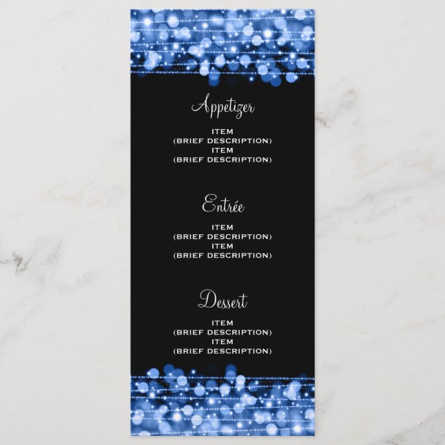 Elegante Menu de Casamento Festa Faíscas Azul (Frente)