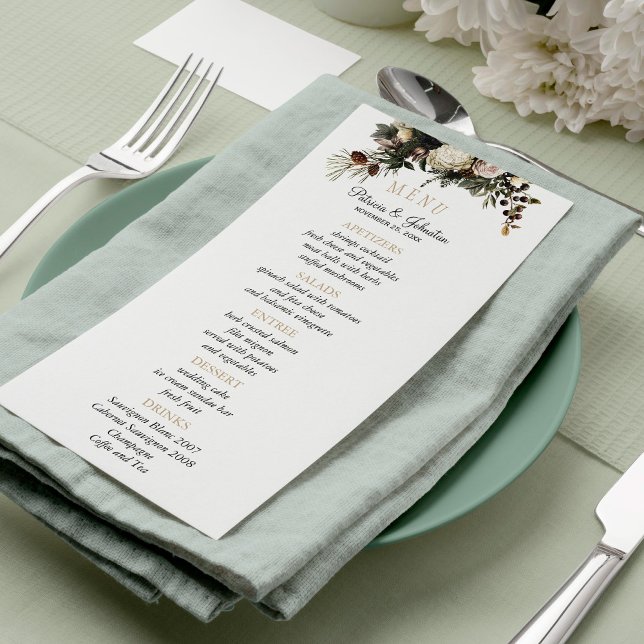 Elegante menu de casamento floral verde de inverno (Criador carregado)