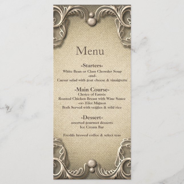 Elegante Menu de Casamento Russo de Burlap Charm d (Frente)