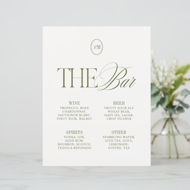Elegante Menu de Casamento The Bar em Verde Oliva (Em pé/Frente)