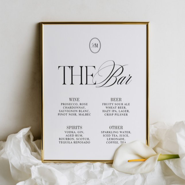 Elegante Menu de Casamento The Bar Preto e Branco  (Elegant Black & Soft White The Bar Wedding Menu)
