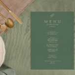 Elegante Menu De Casamento Verde E Minimalista Dou<br><div class="desc">Um rico elegante e um menu clássico de ouro e janto de casamento chic verde. Isso mostra uma folha de ouro rusticada de eucalipto e uma esmeralda verde com nomes de marido e mulher e data. Em tipografia de guiões dourados. Personalize-o clicando no botão PERSONALIZAR.</div>