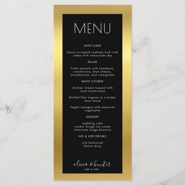 Elegante Menu de Janto Dourado Preto e Branco (Frente)