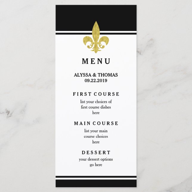 Elegante Menu Fleur de Lis Dourado Preto e Branco (Frente)